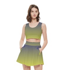 Navy Blue To Electric Yellow Linear Gradient Women s Crop Top Pleated Skater Rave Skirt by GradientsOmbre