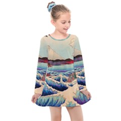 Wave Japanese Mount Fuji Ocean Kids  Long Sleeve Dress by Bedest
