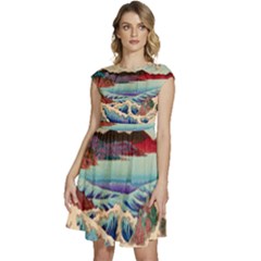 Wave Japanese Mount Fuji Ocean Cap Sleeve High Waist Dress by Bedest