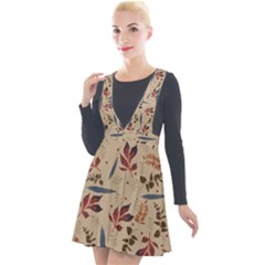 Leaves Pattern Teal Seamless Fall Plunge Pinafore Velour Dress by Sabxi