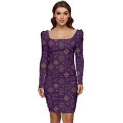 Moon Stars Pattern Women Long Sleeve Ruched Stretch Jersey Dress by Sabxi