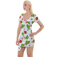 Strawberry Fruit Pattern Leaves Short Sleeve Asymmetric Mini Dress by Sabxi
