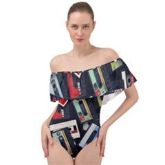 Abstract Case Off Shoulder Velour Bodysuit  by kyorashop23