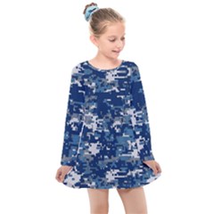Blue, Camouflage, Cool, Navy, New, Pattern Kids  Long Sleeve Dress by kyorashop23