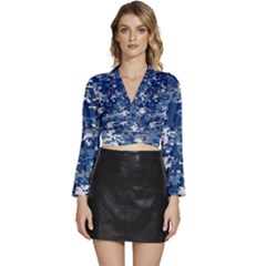 Blue, Camouflage, Cool, Navy, New, Pattern Long Sleeve Tie Back Satin Wrap Top by kyorashop23