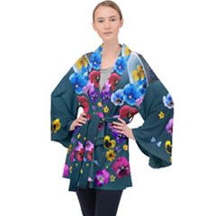 Falling Flowers, Art, Coffee Cup Long Sleeve Velvet Kimono  by kyorashop23
