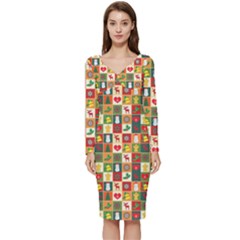 Template Christmas Pattern Long Sleeve V-neck Bodycon Dress  by Proyonanggan