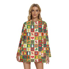 Template Christmas Pattern Round Neck Long Sleeve Bohemian Style Chiffon Mini Dress by Proyonanggan