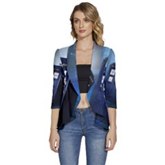 Tardis Doctor Who Space Blue Women s 3/4 Sleeve Ruffle Edge Open Front Jacket by Cemarart