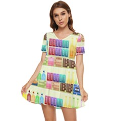 Supermarket Shelf Products Snacks Tiered Short Sleeve Babydoll Dress by Cemarart