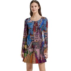 Castle Building Stained Glass Long Sleeve Velour Skater Dress by Cemarart