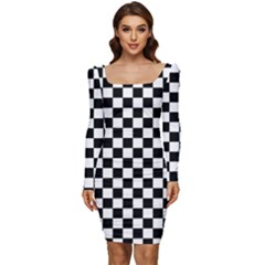 Pattern Checkered Squares Black White Pattern Women Long Sleeve Ruched Stretch Jersey Dress by Sabxi
