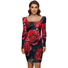 Red Roses Women Long Sleeve Ruched Stretch Jersey Dress by Sabxi