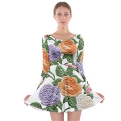 Embroidery Roses Floral Design Long Sleeve Skater Dress by Sabxi