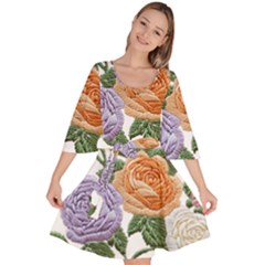 Embroidery Roses Floral Design Velour Kimono Dress by Sabxi