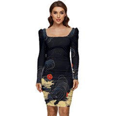 Korean Art Flowers Asian Pattern Women Long Sleeve Ruched Stretch Jersey Dress by Sabxi