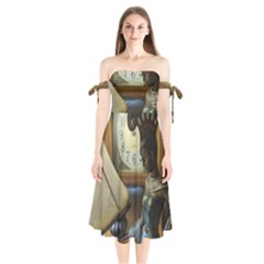 Clock And Lady Shoulder Tie Bardot Midi Dress by bestdesignintheworld
