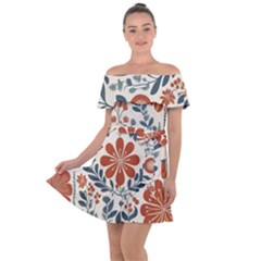 Retro Scandinavian Nordic Flowers Pattern 3 Off Shoulder Velour Dress by violetheavensky