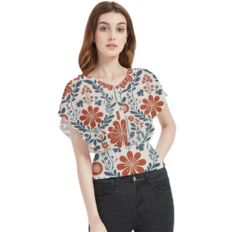 Retro Scandinavian Nordic Flowers Pattern 3 Butterfly Chiffon Blouse by violetheavensky