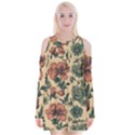 Victorian Beige And Teal Flower Pattern Velvet Long Sleeve Shoulder Cutout Dress View1