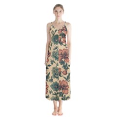 Victorian Beige And Teal Flower Pattern Button Up Chiffon Maxi Dress by violetheavensky