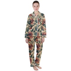 Victorian Beige And Teal Flower Pattern Women s Long Sleeve Satin Pajamas Set by violetheavensky