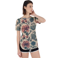 Victorian Beige And Teal Flower Pattern Perpetual Short Sleeve T-shirt by violetheavensky