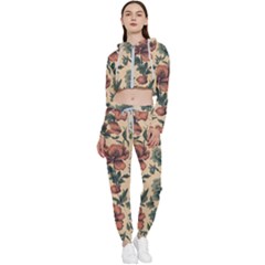 Victorian Beige And Teal Flower Pattern Cropped Zip Up Lounge Set by violetheavensky