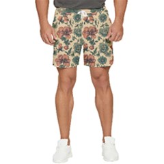 Victorian Beige And Teal Flower Pattern Men s Runner Shorts by violetheavensky