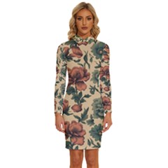 Victorian Beige And Teal Flower Pattern Long Sleeve Shirt Collar Bodycon Dress by violetheavensky