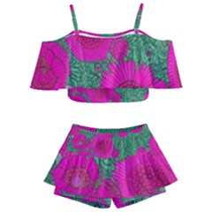 Mid Century Retro Floral 1970s 1960s Pattern 97 Kids  Off Shoulder Skirt Bikini by violetheavensky