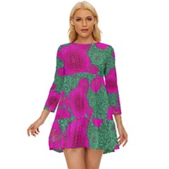 Mid Century Retro Floral 1970s 1960s Pattern 97 Long Sleeve Babydoll Dress by violetheavensky