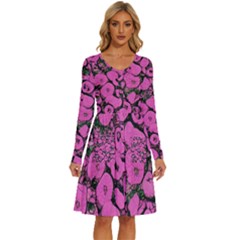 Mid Century Retro Floral 1970s 1960s Pattern 100 Long Sleeve Dress With Pocket by violetheavensky