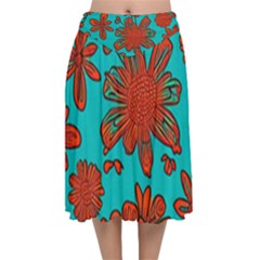 Mid Century Retro Floral 1970s 1960s Pattern 103 Velvet Flared Midi Skirt by violetheavensky