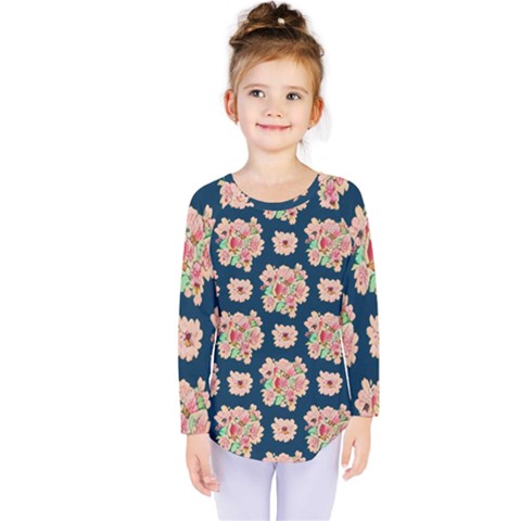 Retro 1880s Flowers Pattern 7 Kids  Long Sleeve T-shirt by violetheavensky