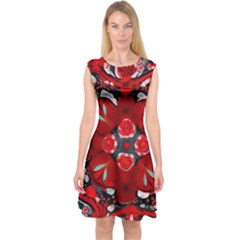 Mid Century Retro Floral 1970s 1960s Pattern 105 Capsleeve Midi Dress by violetheavensky