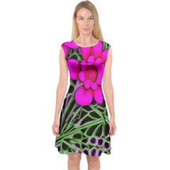 Mid Century Retro Floral 1970s 1960s Pattern 99 Capsleeve Midi Dress by violetheavensky