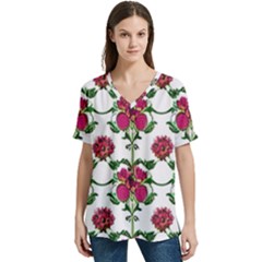 Retro 1880s Flowers Pattern 2 V-neck Split Shoulder Casual T-shirt by violetheavensky