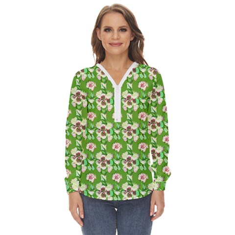 Retro 1880s Flowers Pattern 4 Zip Up Long Sleeve Blouse by violetheavensky