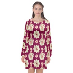 Retro 1880s Flowers Pattern Long Sleeve Chiffon Shift Dress  by violetheavensky