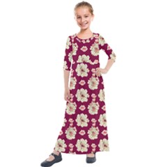 Retro 1880s Flowers Pattern Kids  Quarter Sleeve Maxi Dress by violetheavensky