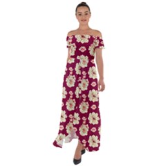 Retro 1880s Flowers Pattern Off Shoulder Open Front Chiffon Dress by violetheavensky