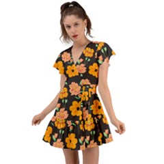 Retro 40s 50s Flowers Pattern Halloween 3 Flutter Sleeve Wrap Dress by violetheavensky