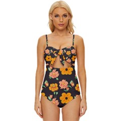 Retro 40s 50s Flowers Pattern Halloween 3 Knot Front One-piece Swimsuit by violetheavensky