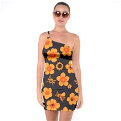 Retro 40s 50s Flowers Pattern Halloween One Shoulder Ring Trim Bodycon Dress by violetheavensky