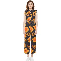 Retro 40s 50s Flowers Pattern Halloween Women s Frill Top Chiffon Jumpsuit by violetheavensky