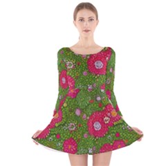 Mid Century Retro Floral 1970s 1960s Pattern 88 Long Sleeve Velvet Skater Dress by violetheavensky
