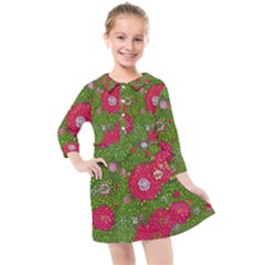 Mid Century Retro Floral 1970s 1960s Pattern 88 Kids  Quarter Sleeve Shirt Dress by violetheavensky