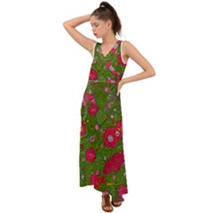 Mid Century Retro Floral 1970s 1960s Pattern 88 V-neck Chiffon Maxi Dress by violetheavensky