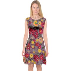 Mid Century Retro Floral 1970s 1960s Pattern 90 Capsleeve Midi Dress by violetheavensky
